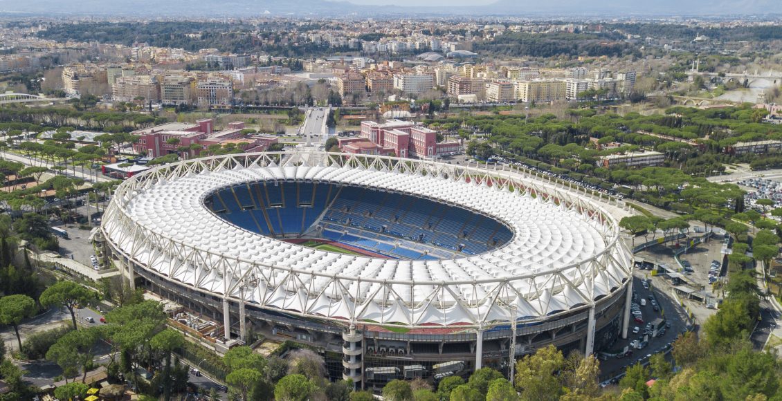 Aerial view of the Olympic Stadium in Rome, Italy. On this field are played the matches of Serie A of Rome, Lazio and matches of the Italian national team of football and rugby.